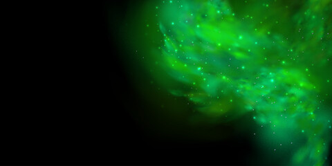 Realistic texture of fantastic smoke background. Green fog with glitter and shimmering glowing particles.
