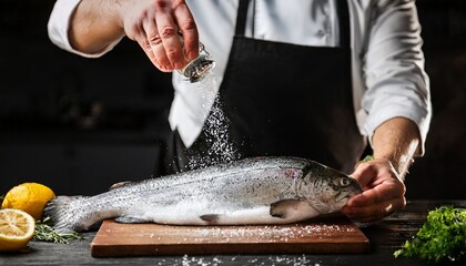a professional chef prepares fish close up of sprinkling sea salt on raw fresh white trout cooking healthy delicious food restaurant service and cooking