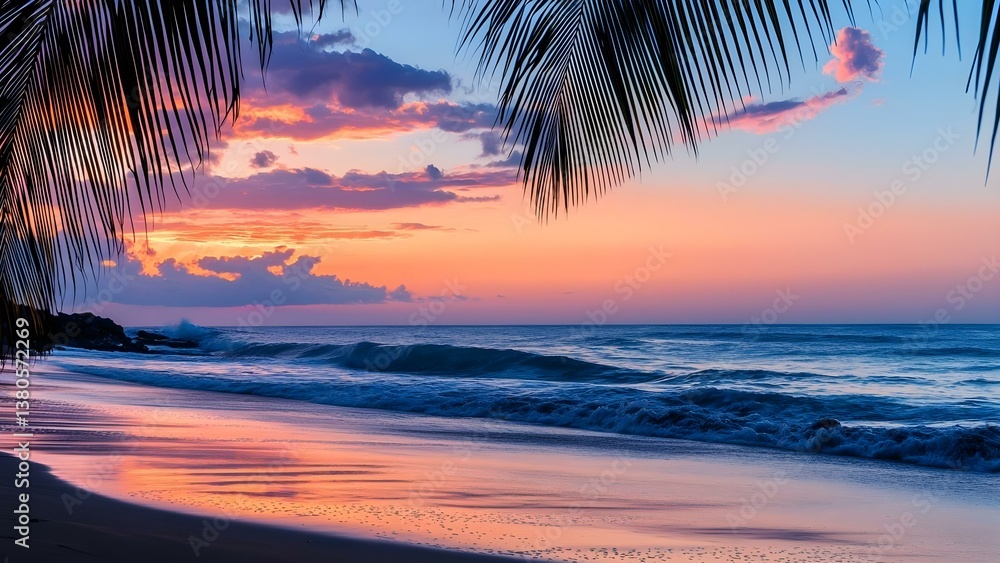 Poster a tranquil beach scene at sunset with waves gently lapping the shore and colorful clouds in the sky.