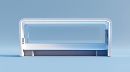 A sleek, modern display case with a glass front and a minimalist white frame, designed for showcasing items elegantly.