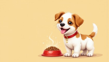 Adorable cartoon puppy with red collar happily beside steaming bowl of dog food on pale yellow background, captu joy and pet affection in illustration