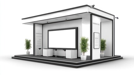 Modern white exhibition booth with blank screen, plants, and minimalist design, isolated on white background.