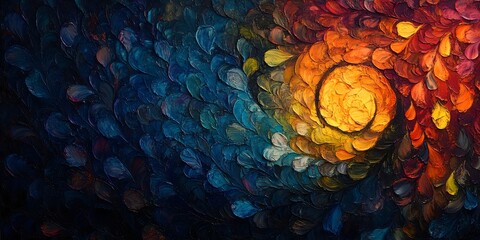 Abstract painting featuring a swirling vortex of colors from blue to orange and yellow hues in oil paint
