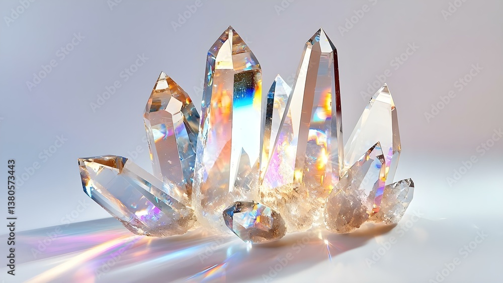Poster a cluster of clear quartz crystals with a reflective surface, displaying various colors and light re