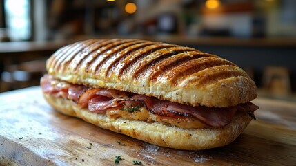 Delicious Grilled Ham and Cheese Panini on Wooden Board