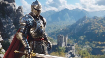 Heroic knight in shining armor holding a glowing sword, standing on a mountain cliff