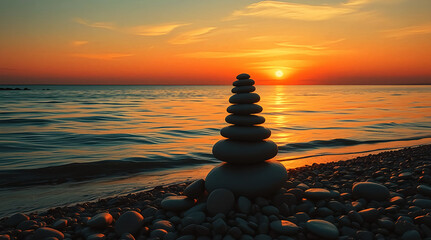 Sunset Serenity: Stacked Stones on Beach Shoreline, Ocean Horizon and Golden Sky, Tranquil Landscape for Meditation and Relaxation.