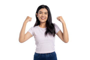 Excited young Asian woman celebrating victory with raised arms, showing success or achievement, isolated on transparent background