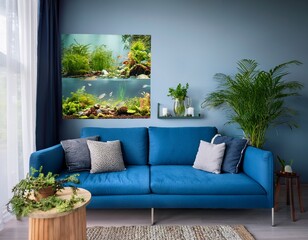modern home interior with a planted aquarium on a blue sofa