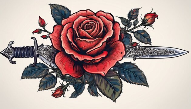 retro style gravure tattoo of a dagger piercing a blooming rose isolated on white ai generative