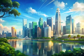 Obraz premium Singapore Skyline Daytime Bokeh, Stunning Cityscape Panoramic View