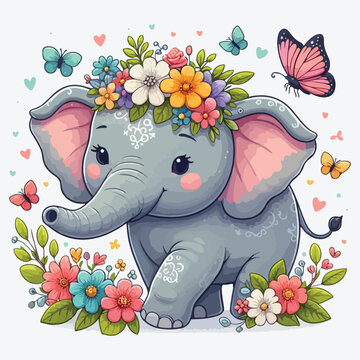 Cute cartoon elephant with flower wreath and butterflies. stock illustration