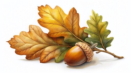 Single Oak Leaf & Acorns, Isolated on White Background - Autumn Nature Stock Photo