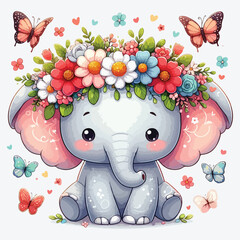 Cute cartoon elephant with flower wreath and butterflies. stock illustration