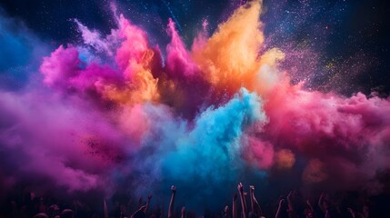 Crowd with raised hands under explosion of vibrant colors in a dark atmosphere with starry background
