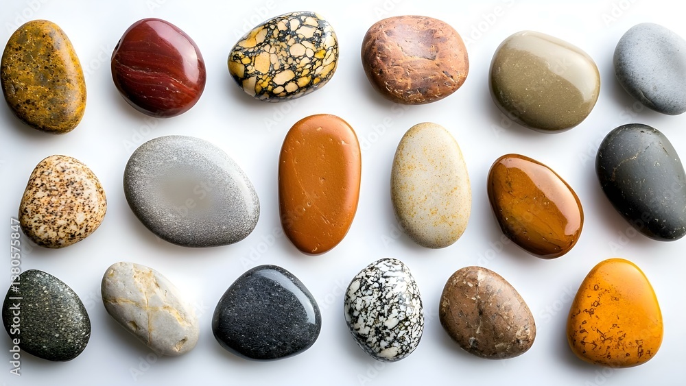 Poster a variety of polished stones and pebbles in different colors and patterns arranged in a neat formati