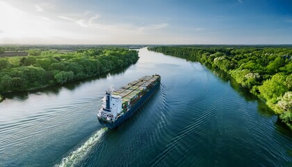 green innovation and sustainable energy aerial view of a cargo ship navigating through lush green waterways