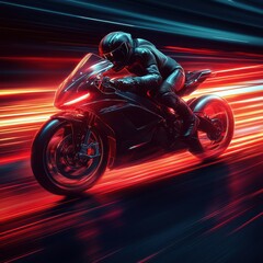Motorcycle racing at night with vibrant light trails on a highway in the city