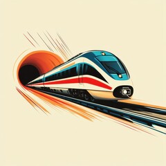 High-speed train entering tunnel with dynamic motion effects in a vibrant illustration