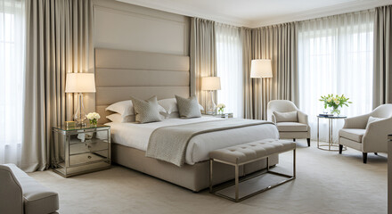 A stunningly designed bedroom with a plush bed adorned with decorative pillows, mirrored nightstands with modern lamps, and an inviting seating area, all illuminated by soft natural light streaming th