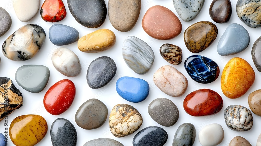 Aufkleber a collection of various smooth, polished stones in different colors and patterns arranged closely to