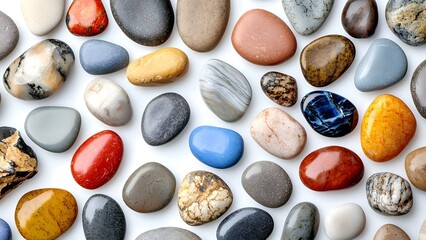 A collection of various smooth, polished stones in different colors and patterns arranged closely together. Concept Polished Stones Collection, Colorful Patterns, Natural Textures