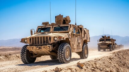 A military convoy moving through rugged terrain as part of desert warfare training,