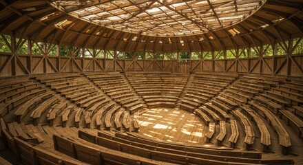 Wooden Amphitheater Seats Under Skylight Roof - Ancient amphitheater, wooden seats, sunlight streaming, circular structure, historical architecture. Symbolizes history, knowledge, performance
