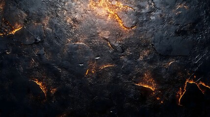 Aerial view of a dark textured surface with glowing orange cracks and crevices in the landscape