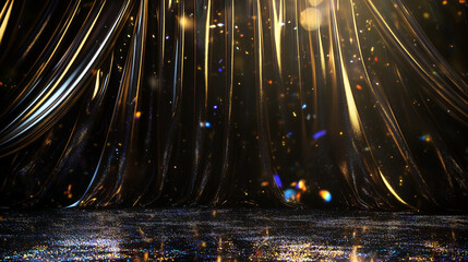 Luxurious gold curtain backdrop with sparkles ideal for award show banners, gala event headers, or glamorous celebration promotions