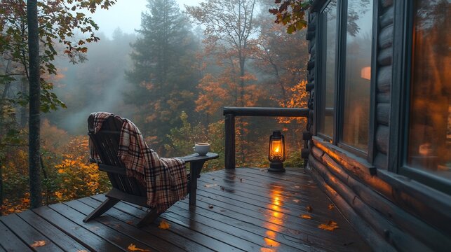 Cozy cabin getaway featuring a relaxing chair and serene autumn landscape
