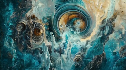 A visually striking digital psychedelic collage featuring expressive watercolor textures and swirling vortexes of cyan and bronze
