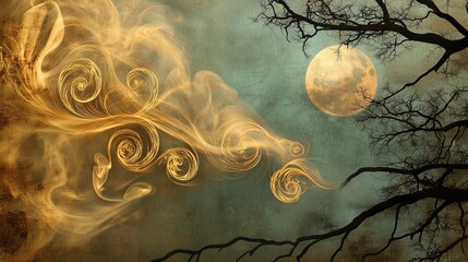 An abstract fusion of elements: swirling coffee steam forming into wisps of autumn fog, golden filigree curling around a distant full moon, 