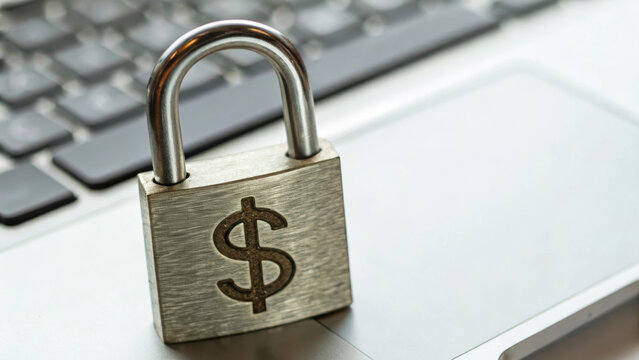padlock with dollar symbol sits on laptop keyboard, symbolizing financial security.