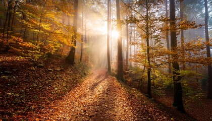 Obraz premium magical autumn morning forest in autumn colorful leaves on the trees the sun s rays pass through the fog and trees walkway in the middle of the forest