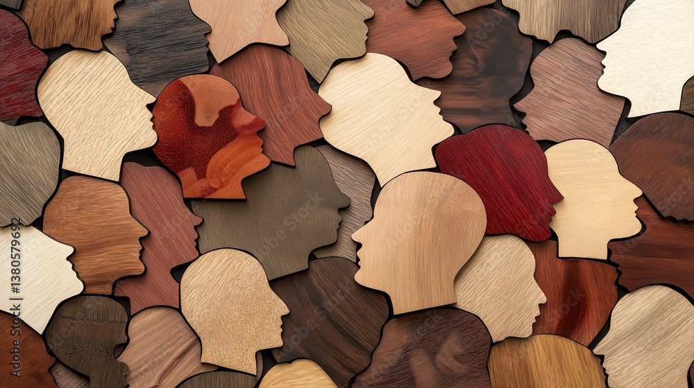 Aufkleber diverse pile of wooden heads with varied facial expressions in a harmonious array of natural texture