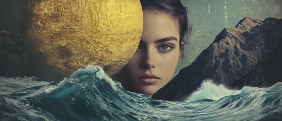Dreamlike and surreal close-up portrait of a woman in her mid-20s, her face partially obscured by a looming mountain range that cuts across her eye 