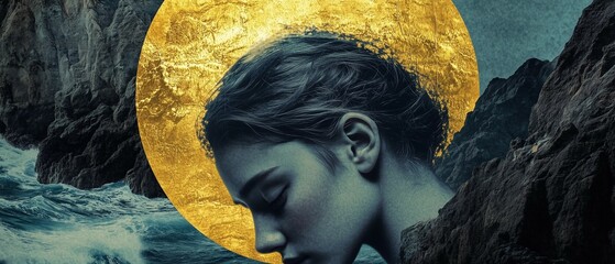 Ethereal close-up portrait of a young woman, her downward gaze exuding an air of melancholy