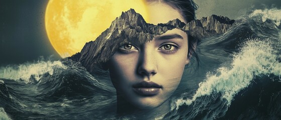 Mysterious and surreal close-up portrait of a young woman, her serious expression partially obscured by an imposing, jagged mountain range stretching across her face