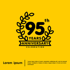 95th years anniversary celebration emblem. anniversary logo isolated with laurel wreath and ribbon on yellow background. vector illustration template design for web, flyers, poster, greeting card
