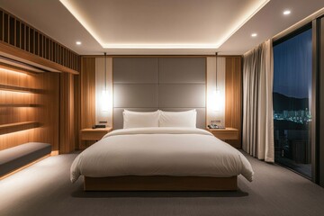 A modern bedroom featuring a large bed and city views