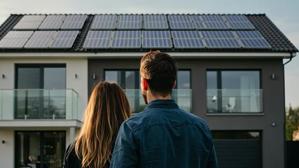 Happy couple standing in front of their eco-friendly house with solar panels on the roof.