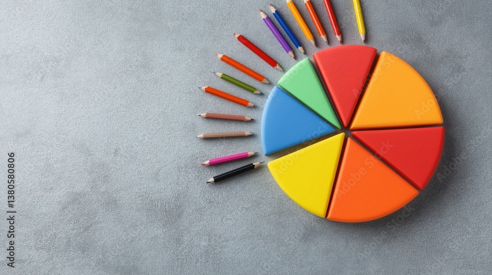 Poster colorful pie chart with pencils on gray background for creative data visualization concepts
