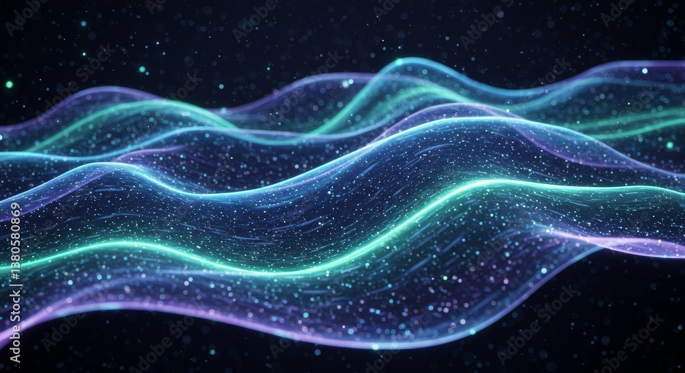 Poster abstract flowing energy waves - glowing teal and purple waves flow across a dark background, creatin