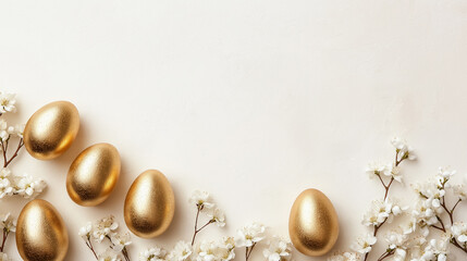 Obraz premium Beautiful decorated Easter eggs and spring flowers on white background, flat lay. Banner design with space for text.