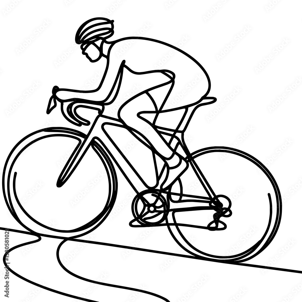 Poster cyclist in helmet racing in a dynamic line drawing style