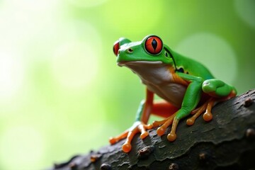 Green tree frog perched on white, vibrant skin details, closeup, fauna