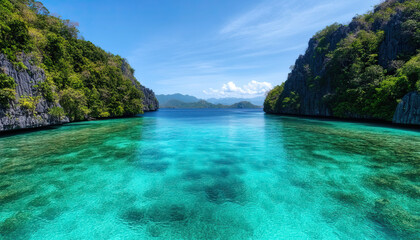 Fototapeta premium stunning tropical lagoon with crystal clear turquoise water surrounded by lush green cliffs and mountains, evoking sense