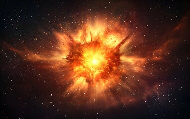 A vibrant cosmic explosion with bright orange and yellow hues against a star studded dark background