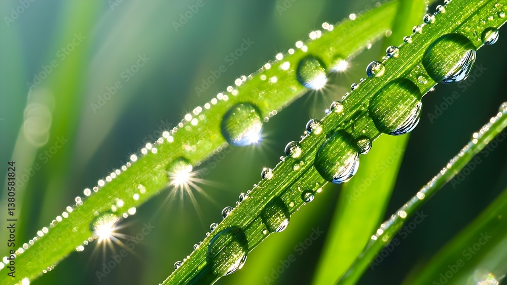 Aufkleber close-up of dewdrops on green grass blades, reflecting light and creating a sparkling effect in a na